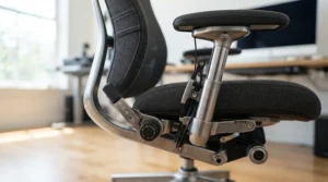 Close up of adjustable armrests and lumbar support on a high spec task seat