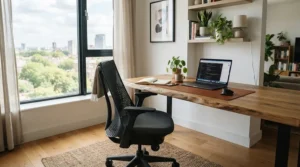 A comfortable task chair under £100 positioned neatly beside a minimalist wooden desk in a modern London flat