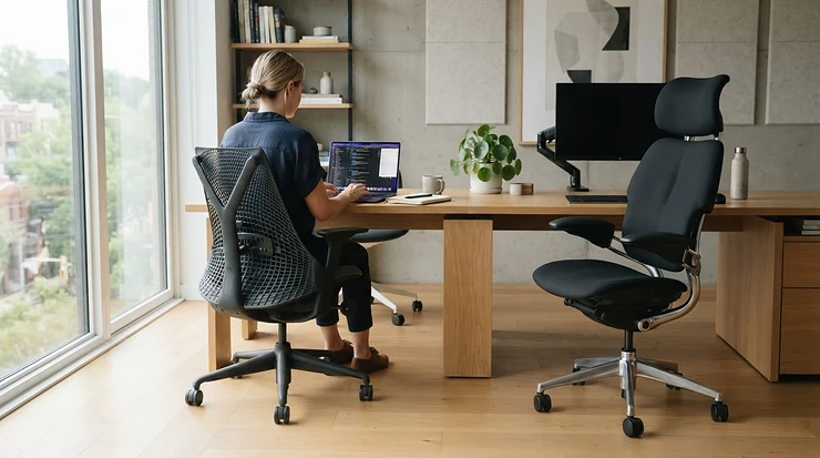 Task chair vs operator chair side by side in a modern British office workspace