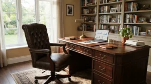 One of the top executive office chairs placed neatly behind a solid mahogany desk in a corporate suite