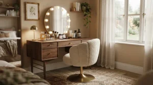 An elegant velvet task chair under £100 adding a touch of style to a bedroom vanity area