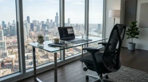 A sleek black leather executive chair used at a minimalist glass desk in a city centre workspace.