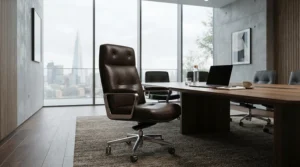A sleek black leather executive office chair with headrest in a corporate boardroom overlooking the city.