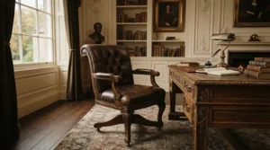 An antique-style brown leather executive chair set against a painted panelled wall in a historic property.