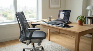 An ergonomic executive office chair with headrest demonstrating posture support in a light-filled study.