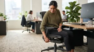 An individual adjusting the height lever on an executive chair for heavy person in a study.