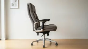 An executive chair for heavy person featuring padded armrests and ergonomic back support in an office.