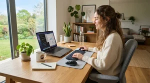 An executive chair for heavy person positioned neatly in a modern home office with a laptop on the desk.