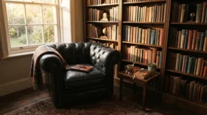 A luxury black leather executive chair for heavy person placed in a traditional executive study.