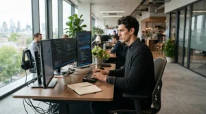 A tall professional sitting comfortably in a high-back executive chair for heavy person at a workstation.