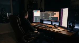 An adjustable leather executive chair set up for a multi-screen trading and finance workstation.