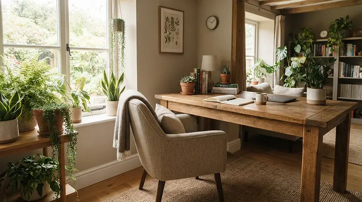 An executive office chair with headrest positioned neatly at a wooden desk in a modern London flat.