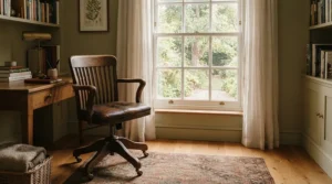 An executive office chair with headrest set up by a window in a traditional British townhouse workspace.