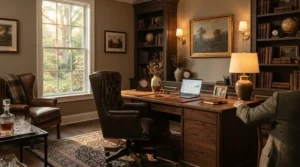 A luxury executive office chair with headrest paired with a mahogany desk in a formal study.