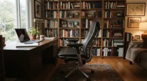 An executive office chair with headrest shown tilting back gently for a quick reading break.