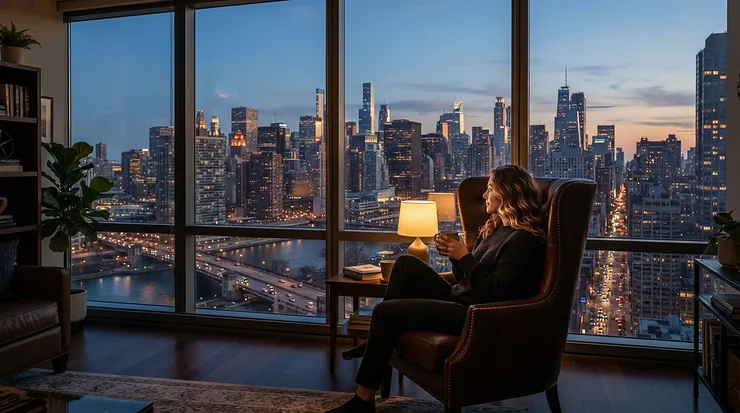 A high-back leather executive chair overlooking London skyline views from a corporate skyscraper.