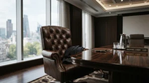A smart leather executive chair positioned at the head of a mahogany boardroom table in a London office.