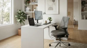 A breathable mesh executive office chair with headrest in a contemporary creative studio workspace.