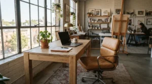 A tan leather executive chair paired with an oak writing desk in a bright loft apartment.